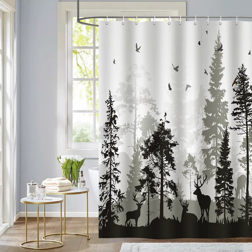 Bonhause Forest Deer Shower Curtain with 12 Hooks Pine Tree and Birds Decorative Bath Curtain 72 x 72 Inch Polyester Fabric Machine Washable Waterproof Bathroom Curtain