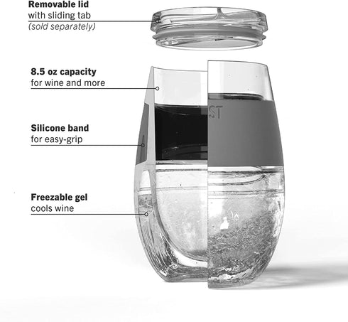 Host Cooling Wine Freeze Cup with Lid, Set of 2 Plastic Double Wall Insulated Wine Tumbler Freezable Drink Vacuum Cup with Freezing Gel, Wine Glasses for Red and White Wine, Gift Essentials, Gray