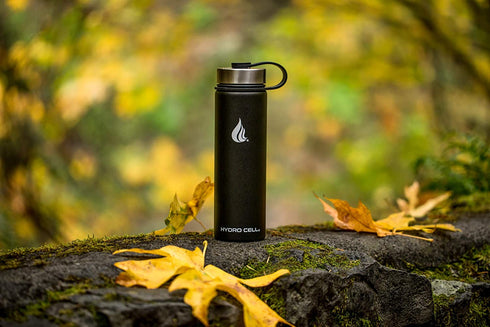 HYDRO CELL Stainless Steel Water Bottle w/ Straw & Wide Mouth Lids (64oz 40oz 32oz 24oz 18oz 14oz) - Keeps Liquids Perfectly Hot or Cold with Double Wall Vacuum Insulated Sweat Proof Sport Design (Black 24oz)