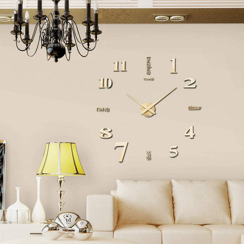 AILILIFE 3D DIY Wall Clock Decor Sticker Mirror Frameless Large DIY Wall Clock Kit for Home Living Room Bedroom Office Decoration (Gold)