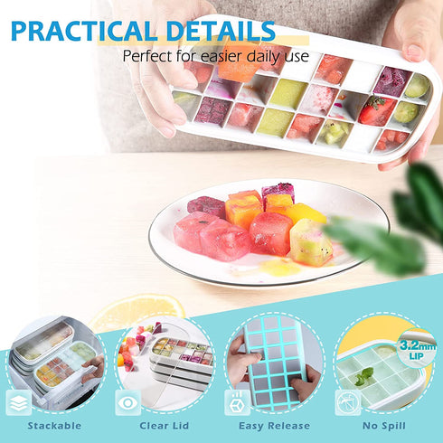 renemos Silicone Ice Cube Tray with Lid, Stackable Ice Trays with 24 Grids No Spill & Easy Release, BPA Free for Baby Food, Dishwasher Safe(Pink, 2 PACK)