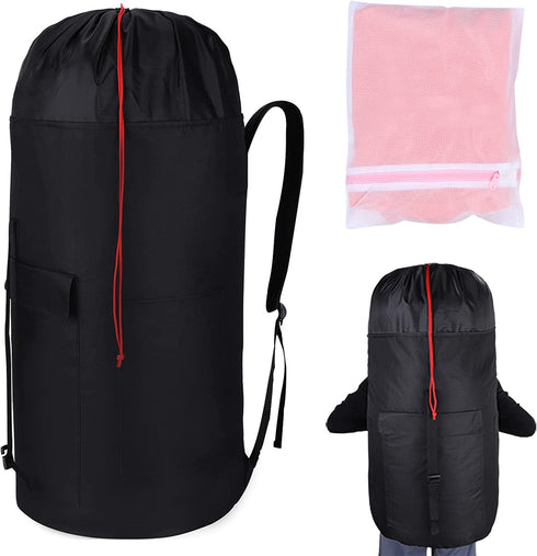 Laundry Bag Backpack for College Students, 100L Large Laundry Bag with Padded Shoulder Straps, 5 Storage Pockets, 1 Mesh Wash Bag, Portable Sturdy Laundry Bag with Handle, Hanging Dorm Backpack Black