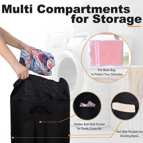 Laundry Bag Backpack for College Students, 100L Large Laundry Bag with Padded Shoulder Straps, 5 Storage Pockets, 1 Mesh Wash Bag, Portable Sturdy Laundry Bag with Handle, Hanging Dorm Backpack Black