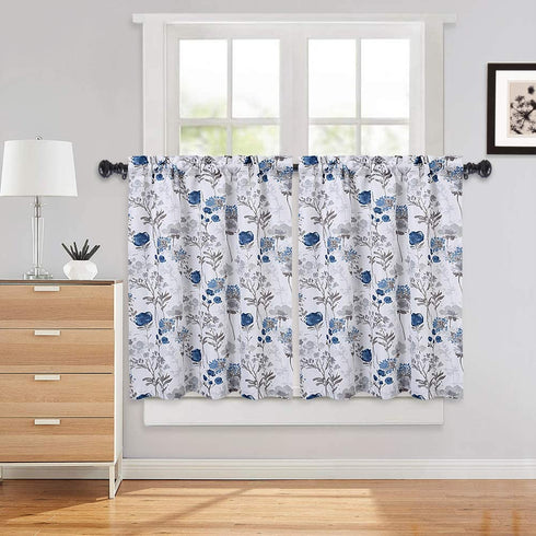 Haperlare Navy Blue Cafe Curtains 36 Inches Length, Watercolor Flowers Rod Pocket Short Tier Curtains for Kitchen Leaf Floral Bathroom Window Curtains, Blue/Grey