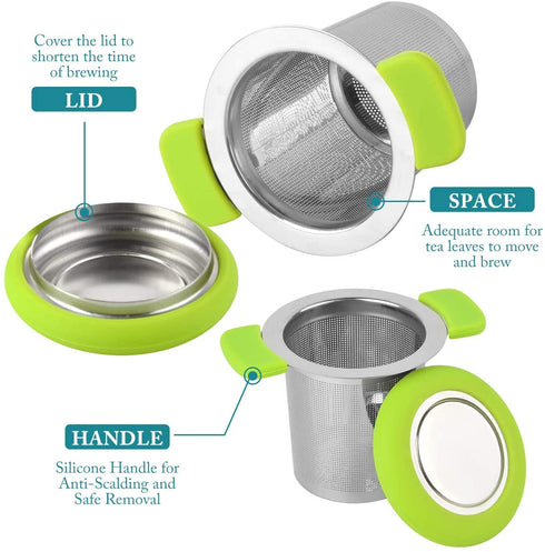 LaLa Dloce Tea Infuser Set of 2, Stainless Steel Tea Strainer Filter with Silicone Handle for Reusable Loose Leaf Grain Teapots, Mugs and Cups to Steep Tea with Lid