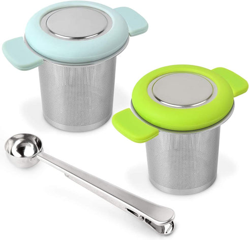 LaLa Dloce Tea Infuser Set of 2, Stainless Steel Tea Strainer Filter with Silicone Handle for Reusable Loose Leaf Grain Teapots, Mugs and Cups to Steep Tea with Lid