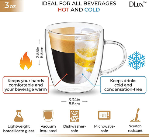 DLux Espresso Coffee Cups 3oz, Double Wall, Clear Glass set of 4 Glasses with Handles, Insulated Borosilicate Glassware Tea Cup