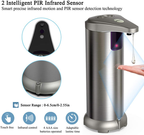 Hanamichi Automatic Soap Dispenser,Touchless Soap Dispenser Equipped Stainless Steel w/Infrared Motion Sensor Waterproof Base Adjustable Switches Suitable for Bathroom Kitchen Hotel Office