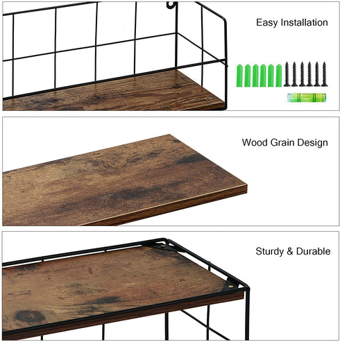 HORLIMER Floating Wall Shelves Set of 3, Rustic Wood Wire Frame Hanging Shelf for Bathroom Bedroom Living Room Kitchen