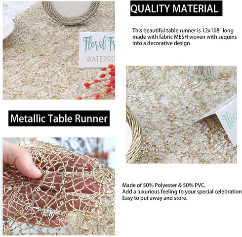 Sequin Table Runners Mesh Champagne Gold Table Runners Set of 2 Metallic Tabletop 12x108inch Sparkly Table Overlay for Home Daily Use Banquet Party Decorations