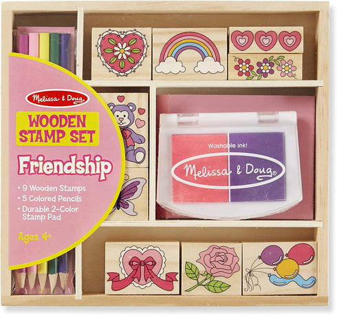 Melissa & Doug Wooden Stamp Set: Friendship - 9 Stamps, 5 Colored Pencils, and 2-Color Stamp Pad