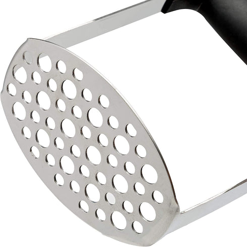 Cooking Light Heavy Duty Stainless Steel Masher, Broad and Ergonomic Horizontal, Fine Plate for Smooth Mashed Potatoes, Soft Grip and Non-Slip Handle, Stainless, Black