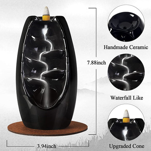 SPACEKEEPER Backflow Incense Holder Ceramic Incense Burner Waterfall, Aromatherapy Ornament Home Decor with 120 Backflow Incense Cones & 30 Incense Stick, Jet Black
