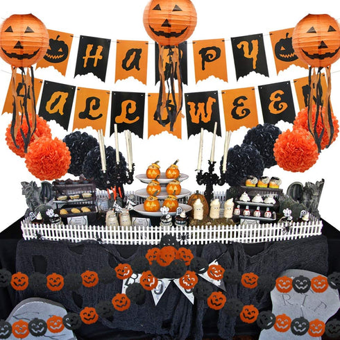 Halloween Party Decoration Kit, Orange Black Pumpkin Paper Garland Lantern Lamp Tissue Paper Pom Poms Flowers €œHappy Halloween Banner for Halloween Party Birthday Event Decorations