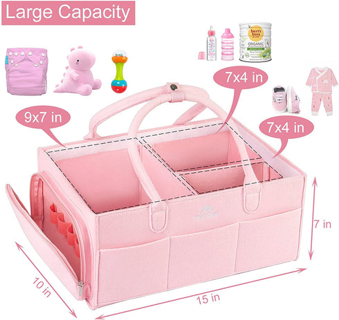 Diaper Caddy Organizer, Baby Basket Nursery Storage Bin with Dustproof Cover for Changing Table, Large Portable Car Organizer for Wipes, Bottle, Diapers, Shower, Newborn Girl & Boy Gifts, Pink