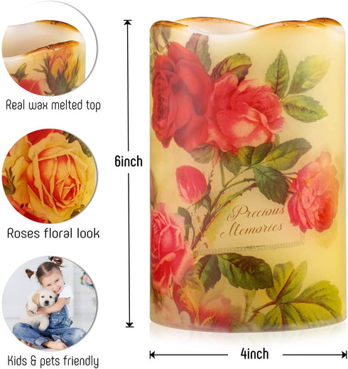 Flameless Candle Flickering Rustic Roses Battery Operated LED Candle Real Wax Pillar with Remote Timer, Home Decor Dripless Flower Candle