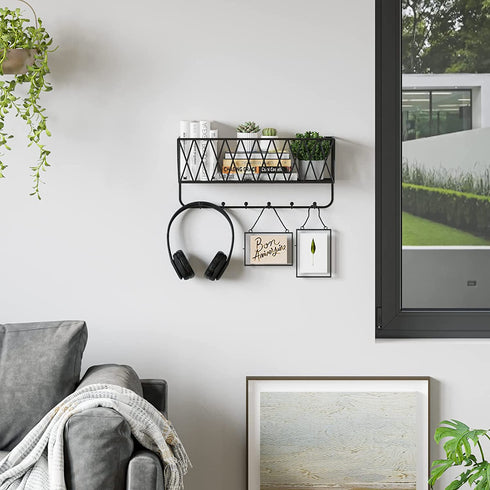 OROPY Entryway Mail Holder with Key Hooks, 14"L—4.7"W—6.5"H, Wall Mounted Matte Black Metal Wire Mesh Storage Basket with 6 Hooks, Easy to Organize Letters, Magazines, Keys, Leashes for Entryway