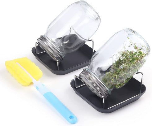 Sprouting Jar Kit - 2 Wide Mouth Mason Jars with 316 Stainless Steel Screen Sprout Lids, Tray,Stand and Brush | Seed Sprouter Set Germination Kit for Growing Broccoli, Alfalfa, Mung Bean (Black)