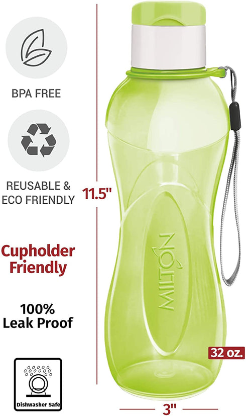MILTON 32 oz. Large Water Bottle 4 Set Sports Water Bottles for Kids Adults Reusable Water Bottle Plastic Wide-Mouth BPA Free Leak-Free Lightweight Drink Bottle with Carry Strap Hiking Gym Bike Travel