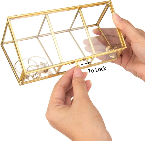 Feyarl Gold Glass Box Makeup Cosmetic Cotton Pads Box Jewelry Trinket Glass Box Flip Ring Earring Studding Necklace Box Clear Decorative Box Beauty Display