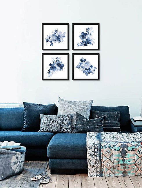 ArtbyHannah 10x10 Framed Blue Floral Wall Art Set of 4 with Black Frames and Flower Print for Gallery Walls or Bathroom Bedroom Decoration