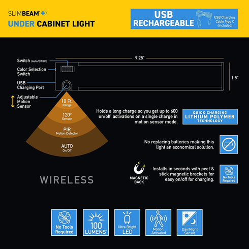 Sensor Brite Slim Beam+ Magnetic Under Cabinet Light, Motion Sensor LED Light, Closet/Wardrobe Light, USB Rechargeable, Ultra-Thin Countertop, Kitchen Light