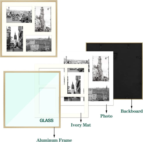 Golden State Art, 12x12 Gold Aluminum Metal Frame with Ivory Mat - Displays Four 4x6 Photos - Square Collage Frame - Real Glass, Sawtooth Hanger, Swivel Tabs - Wall Mounting, Landscape, Portrait