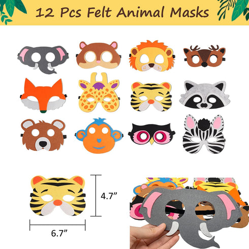 64 Pcs Jungle Safari Party Favors - Safari Birthday Party Supplies with Felt Animal Masks for Kids, Slap Bracelets, Keychains, Temporary Tattoos - Safari Birthday Decorations for Goodie Bag Fillers