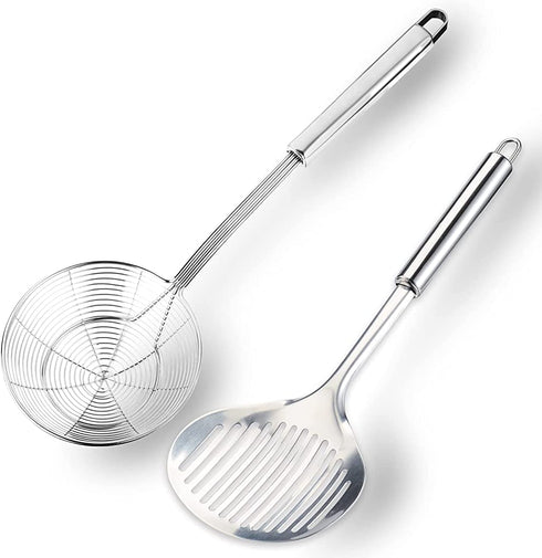 TENTA Kitchen Multi Kitchen Utensil Stainless Steel Cooking Skimmer Slotted Fish Turner Spatula Spoon Colander Drain Water Filter Spoon Ladle Spider Strainer Skimmer Ladle for Cooking &Frying (2pcs)