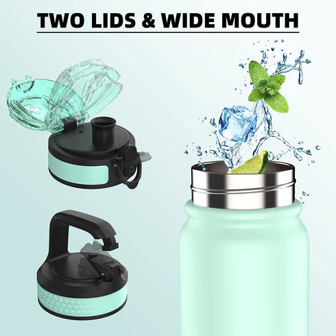 Fanhaw Water Bottles Stainless Steel Insulated Vacuum 20oz Water Bottle for Kids/Adults, 2 Lids Leak Proof Thicken Double Wall for Cold & Hot Beverages, BPA Free (Green-Pink)