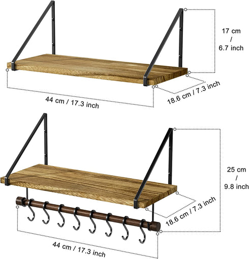 Love-KANKEI Floating Shelves Wall Mounted Set of 2, 17.3 Inch Wall Storage Shelves with Wood Towel Bar and 8 Removable Hooks, Kitchen, Coffee Bar, Bathroom, Bedroom, Living Room Carbonized Black