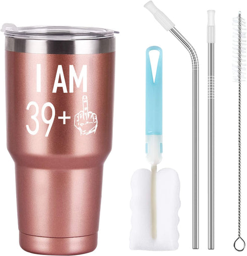 39 Plus One Middle Finger Mug Tumbler for Men Women, Funny Turning 40 Years Old Bday Tumbler Idea for Wife Friends Sister Coworker, 30 Oz Stainless Steel Insulated Travel Tumbler, Rose Gold
