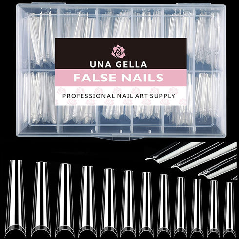 UNA GELLA Coffin Nails Tips No C Curve 216PCS Extra Long Nail Tips Clear Coffin Acrylic Nail Tips for Coffin Nails Clear Coffin Nail Tips XXL Nail Tips Coffin Fake False Nails For Nail Extension Nail Art, Home DIY Salon 12 Sizes Gelly Tips