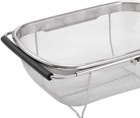 AJIODA Over The Sink Colander, 4 Quarts Stainless Steel Oval Colander with Expandable Rubber Grip Handles, Fine Mesh Strainer Baskets Kitchen Colander for Strain, Drain, Rinse Vegetables, Fruits