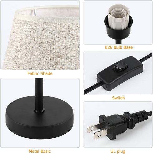 RZChome Table Lamps Set of 2, Modern Bedroom Nightstand Lamps with ON-OFF Switch and Plug in for Bedroom,Living Room,Office,Kids Room,Girls Room,Black Finish