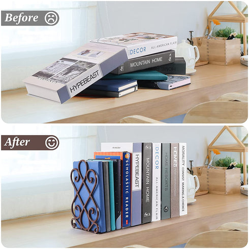 Bookends, Metal Book Ends for Shelves Heavy Duty Decorative Book Support Non-Skid for Office Desk School Library Organizer Gift, 7 x 6.1 x 8.6 inch Black (2 Pairs)