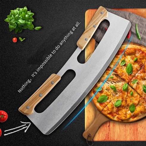 Pizza Cutter Rocker with Wooden Handles & Protective Cover, 14" Sharp Stainless Steel Pizza Slicer Wheel , Upgrade Accessories Chopper for Kitchen Tool Pizza Knife Cutters