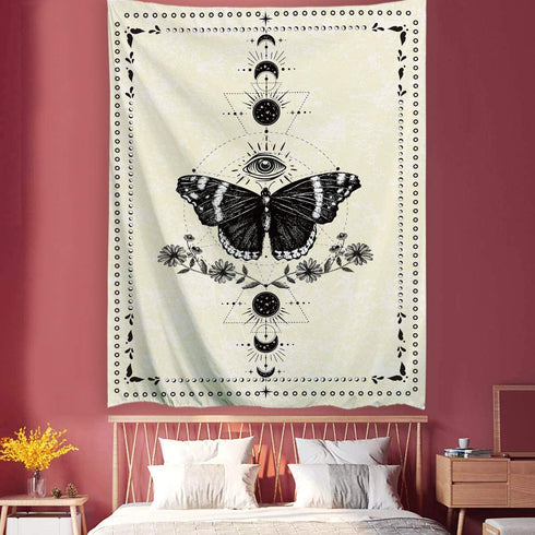 MENORCA Moon Phase Butterfly Wall Tapestry Hanging For Bedroom Aesthetic, Vertical Beige Vintage Tapestry-60 Inch Wide * 80 Inch High