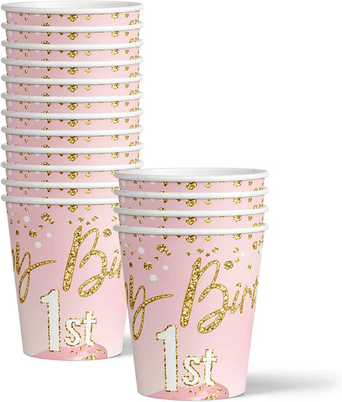 Pink and Gold 1st Birthday Party Supplies Set Plates Napkins Cups Tableware Kit for 16