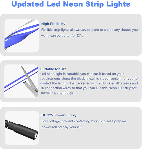 SHUXAG Neon Lights, 16.4ft/5m Led Rope Lights for Bedroom, 12V DC Flexible Led Strip Lights Waterproof Neon Flex, Silicone Blue Decor for Indoor Outdoor Home Patio Room Kithchen(NO Power Adapter)