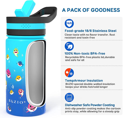 Insulated Water Bottle with Straw Lid, BUZIO Vacuum Double Walled Stainless Steel Wide Mouth Sports Drink Flask Tumbler Travel Cup for Kids, Simple Thermo Canteen Mug Cup with Blue Shark