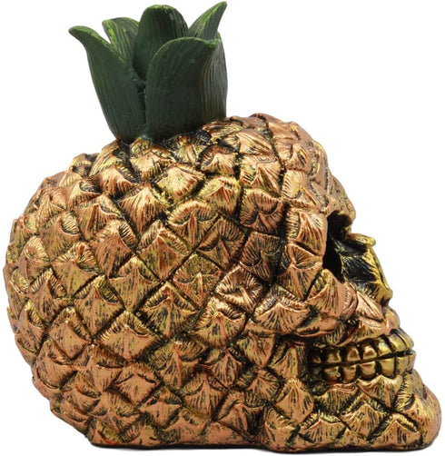 Ebros Hawaiian Tropical Pineapple Golden Skull Figurine 6" Tall Fruity Skeleton Head Statue for Halloween Day of The Dead Spooky Decor