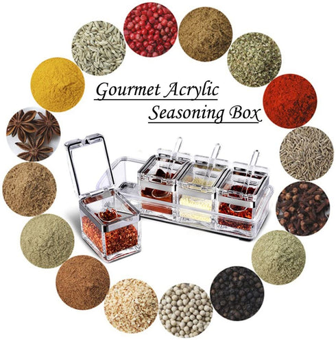 Tenta Kitchen Gourmet Acrylic Seasoning Box - Premium Quality Pure Acrylic Container and Case- 18/8 Stainless Steel Ring - 4 Serving Spoons -Luxurious Condiment Cruet Bottle, Spice Jar Set