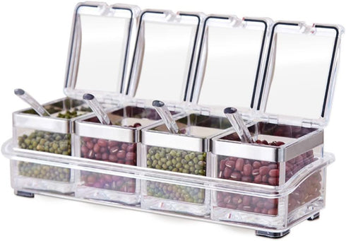 Tenta Kitchen Gourmet Acrylic Seasoning Box - Premium Quality Pure Acrylic Container and Case- 18/8 Stainless Steel Ring - 4 Serving Spoons -Luxurious Condiment Cruet Bottle, Spice Jar Set
