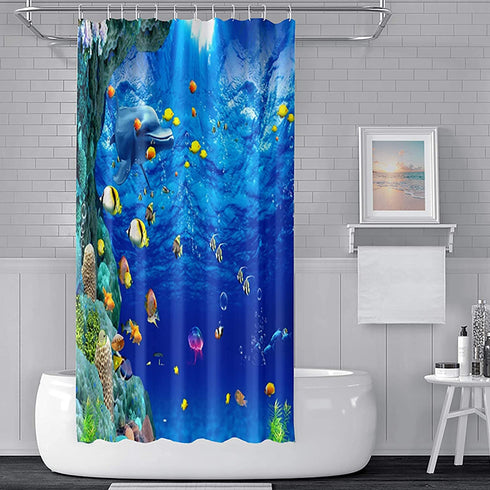 Yeele Shower Curtain Fish Ocean Shower Curtain Under The Sea Shower Curtain for Bathroom Waterproof Polyester Sea Bathtub Curtain Decor with Hooks,69x70in