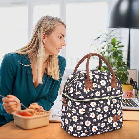 Hafmall Insulated Lunch Bag for Women, 9L Dual Deck Womens Lunch Box with Shoulder Strap, Reusable Adult Lunch Tote Bag for Work/School/Picnic, Daisy