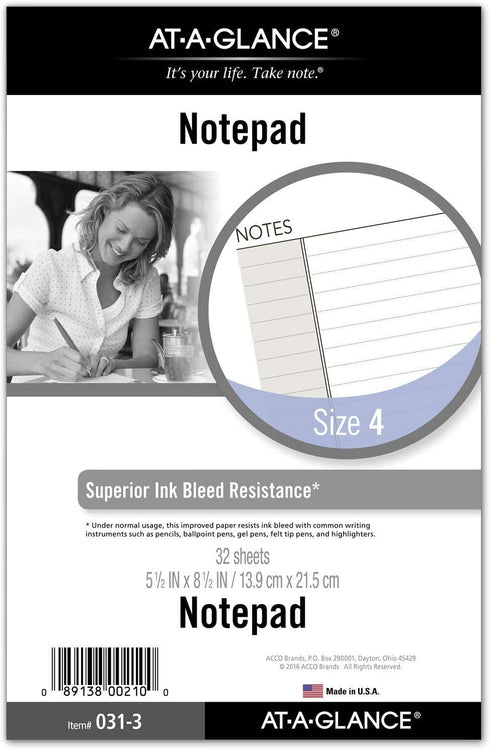 AT-A-GLANCE Day Runner Lined NotePad Pages, 87275 DAY-TIMER, Refill, Loose-Leaf, Undated, for Planner, 5-1/2" x 8-1/2", Size 4, 32 Sheets/Pack (031-3)