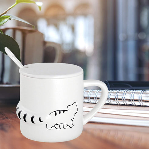 Gifts for Cat Lovers, White Ceramic Mug with Lid and Spoon, Microwavable Coffee Tea Cup with Kitty Decoration, 12 Ounces