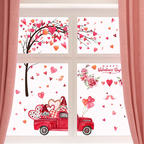 Yovkky Pink Hearts Tree Truck Gnome Wedding Anniversary Window Clings 9 Sheets, Happy Valentines Day Glass Stickers Decal Peony Flower Decor, Home Kitchen Fridge Decorations DIY Supply Double Sided
