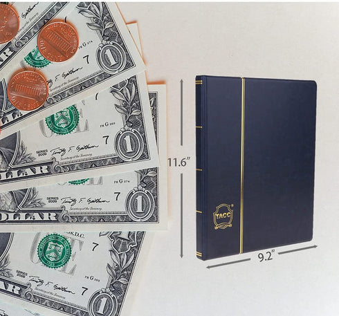 Currency Paper Money Collection Book, 3-Pocket Banknote Organizer, Single Side View Dollar Bill Holders for Collectors, Crystal Clear Sleeves to Storage 60 World Cash, Thicker SleevesNote Book (Blue)
